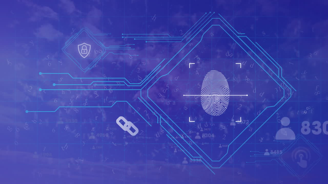 Animation of data processing and biometric fingerprint on blue background