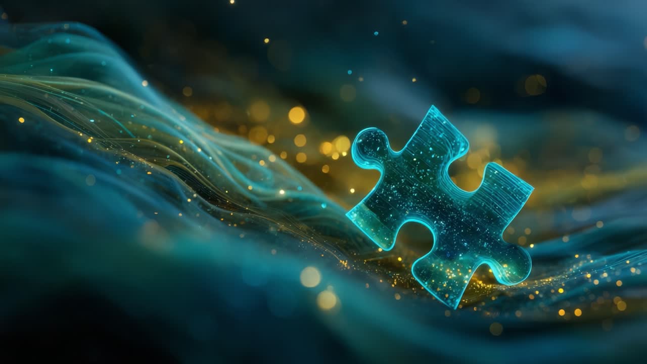 Luminous translucent puzzle piece floating over a flowing background of abstract teal and gold waves with sparkling particles, symbolizing innovation, solution, connection, and strategy