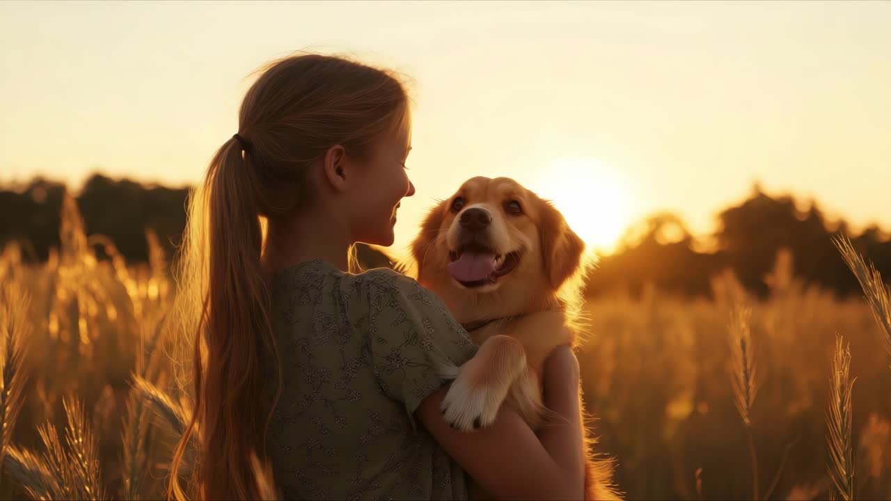 Girl and Dog Enjoying Sunset in Wheat Field