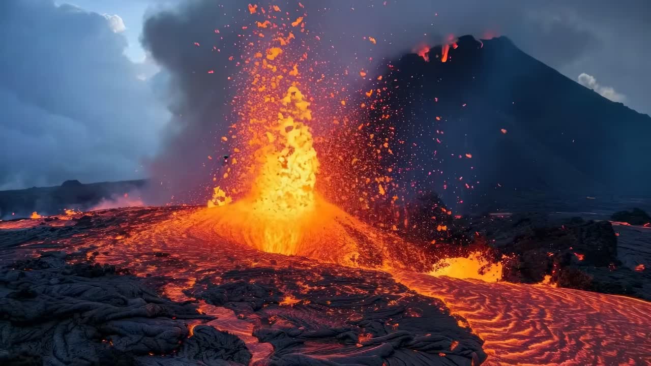 Drammatico scatto grandangolare di un vulcano in eruzione con lava incandescente e fumo, che cattura la potenza allo stato puro