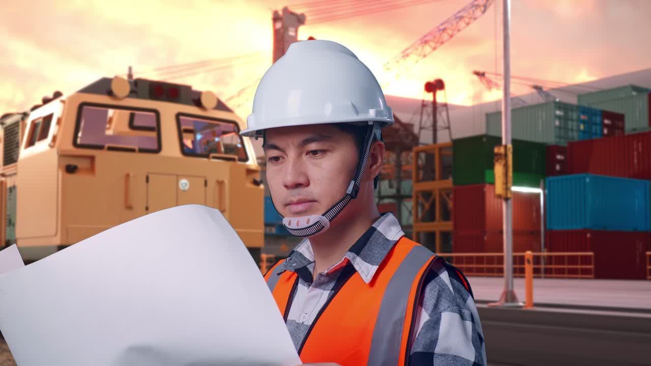 Engineer Reviewing Plans at Port Facility