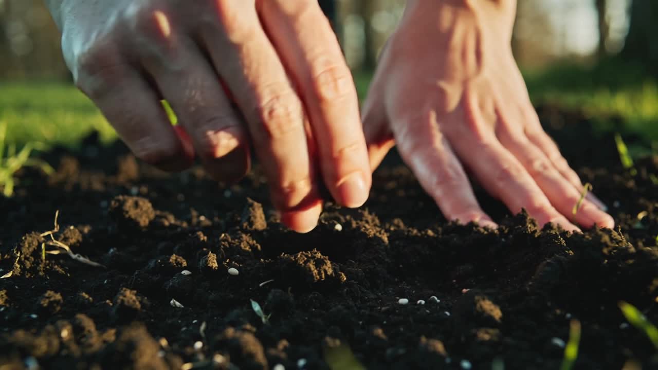 Camera framing hands with bare arms, placing white seeds into garden bed, pressing soil for growth