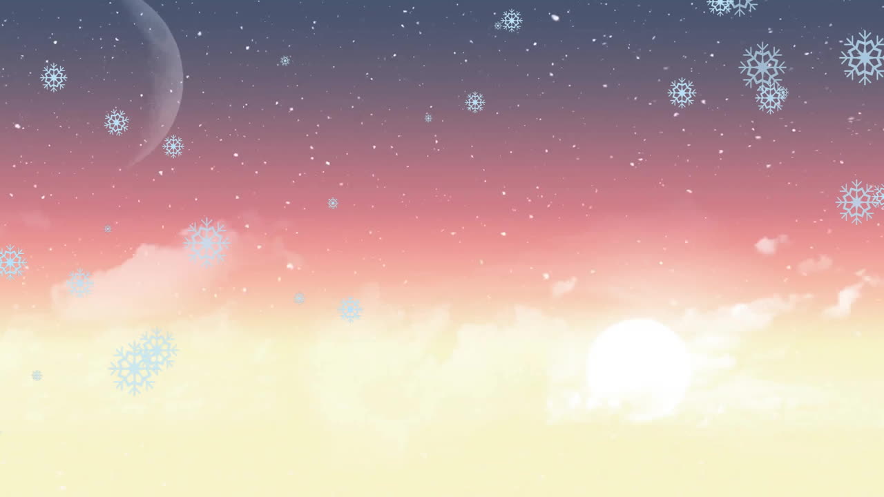 Animation of snow falling over clouds and moon