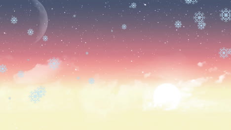 animation of snow falling over clouds and moon