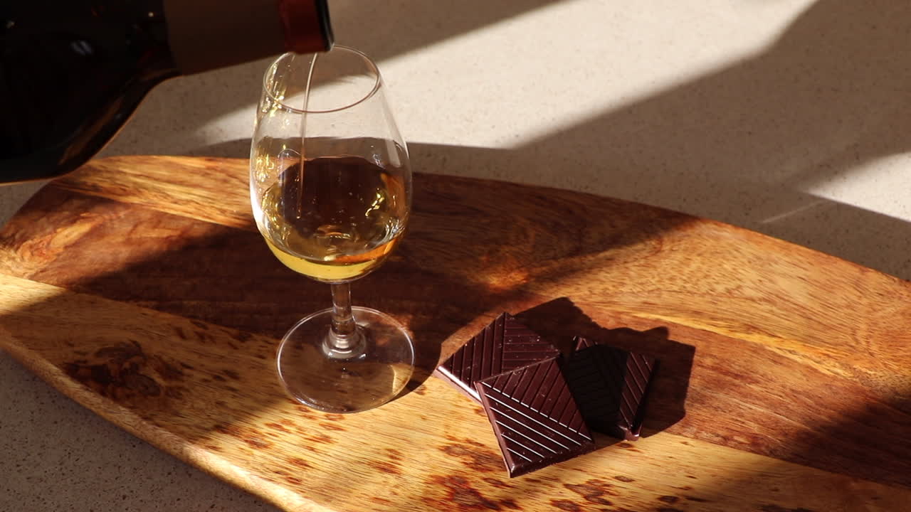 verter whisky escocés de malta en un vaso de copita, combinado con cuadrados de chocolate negro sobre una tabla de madera para servir, con las sombras del sol de la tarde.