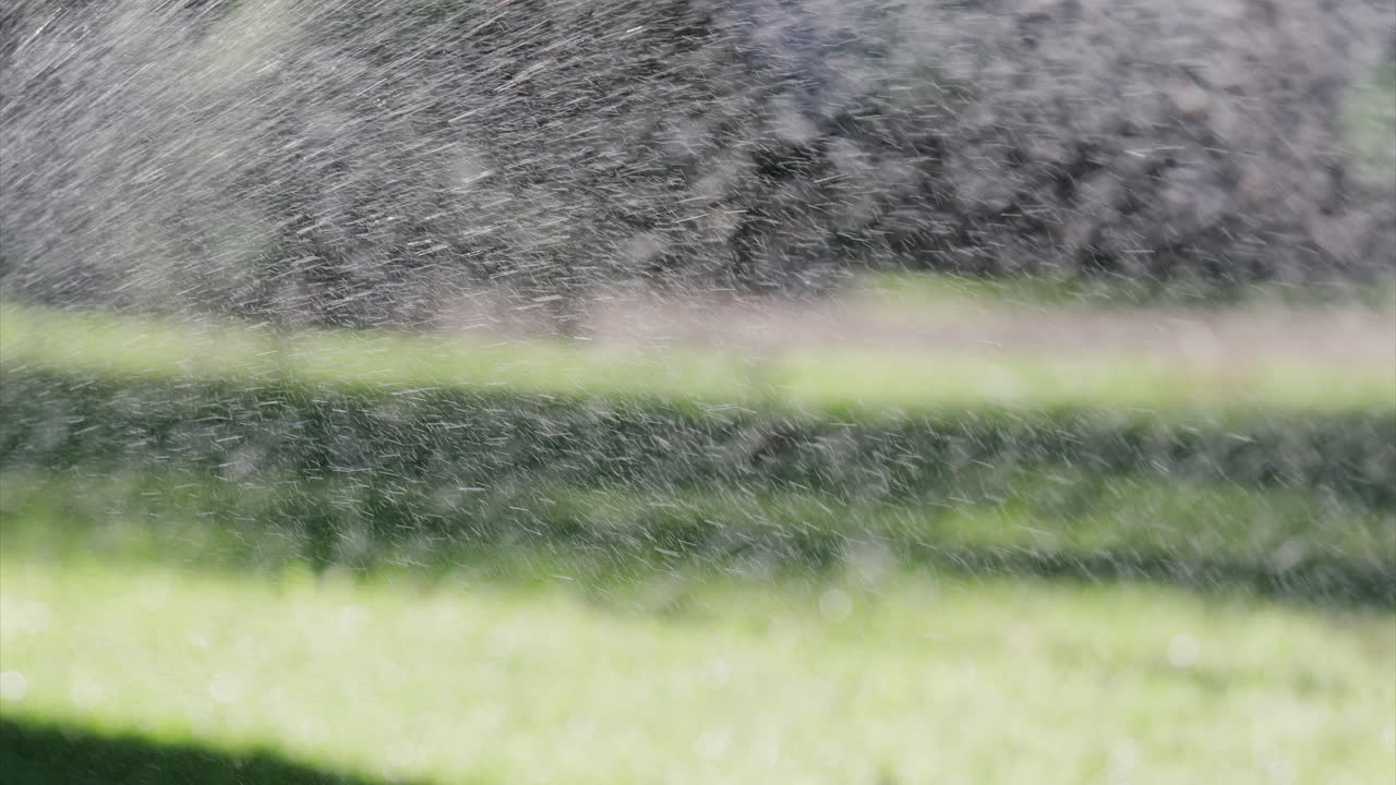 A garden sprinkler sprays water into the air, with sunlight reflecting off the droplets in a green park