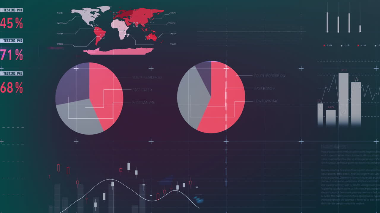 animación del procesamiento de datos estadísticos a través de la red de cuadrícula contra un fondo de gradiente púrpura