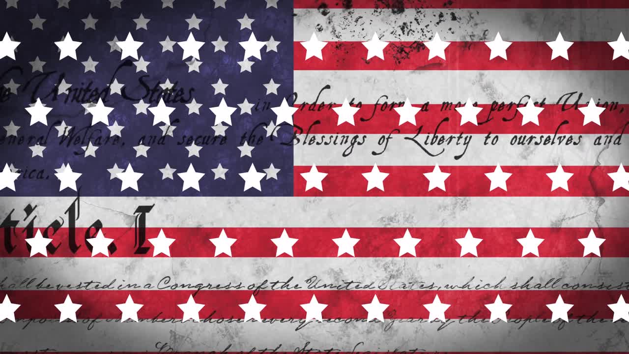 Animation of united states of america constitution and stars moving over flag of america