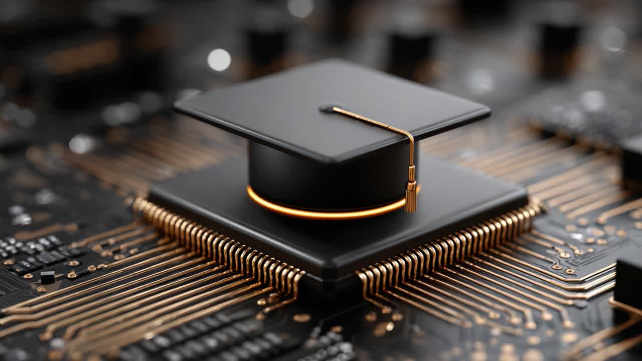 Un cappello da laureato su un circuito stampato: simbolo dell'intersezione tra istruzione e tecnologia nei moderni ambienti di apprendimento