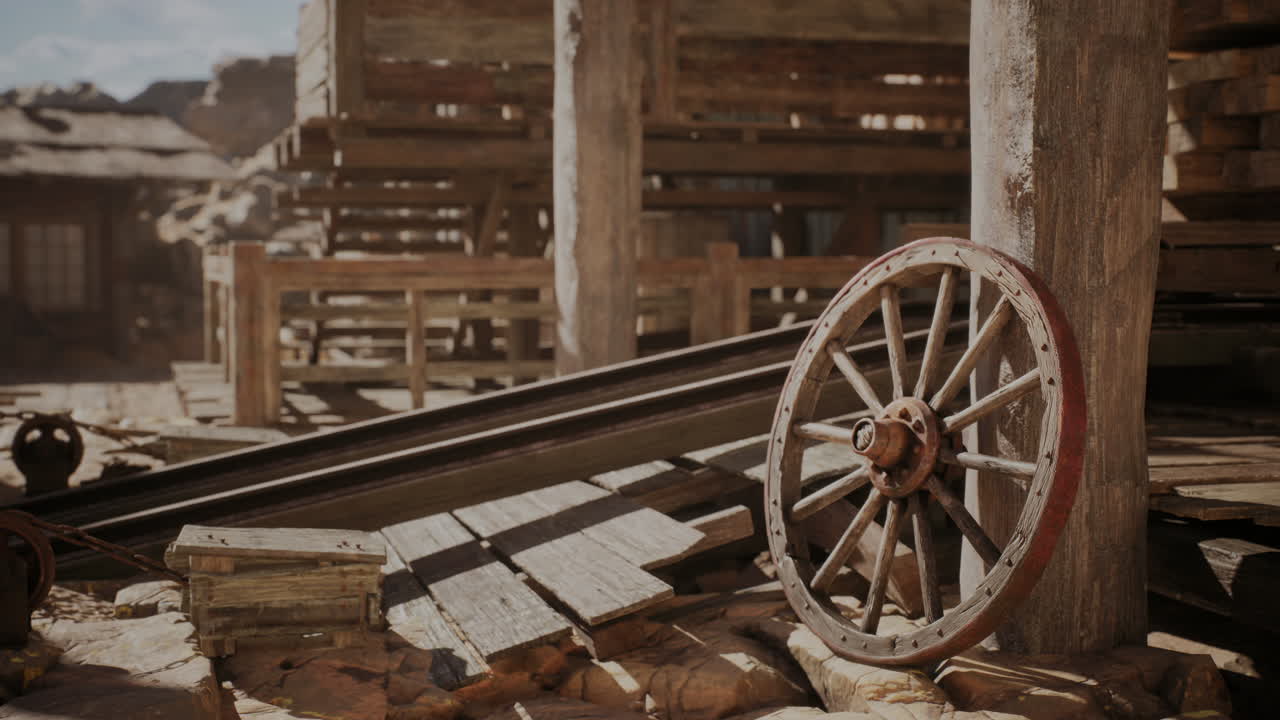 Old wooden wagon wheel resting on the ground in a rustic storage area