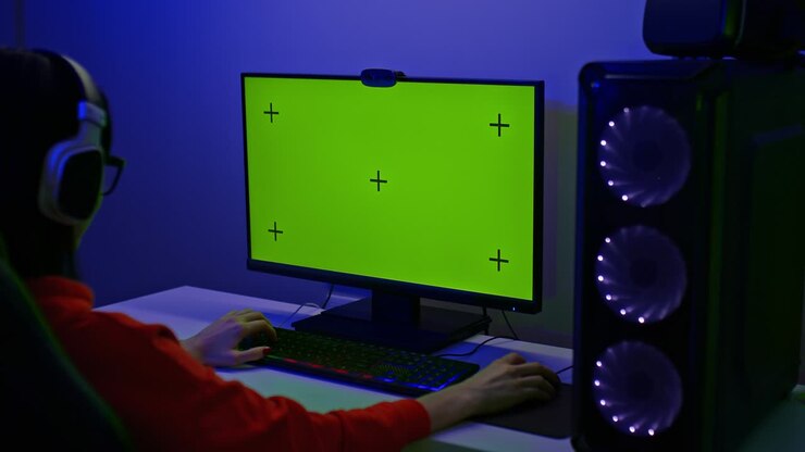 Green screen of a powerful personal computer, a woman player is sitting at a computer. Powerful personal computer for fans of computer games at home. Back view. 4k, ProRes