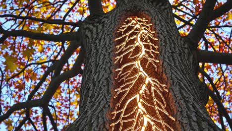 illuminated tree roots in autumn