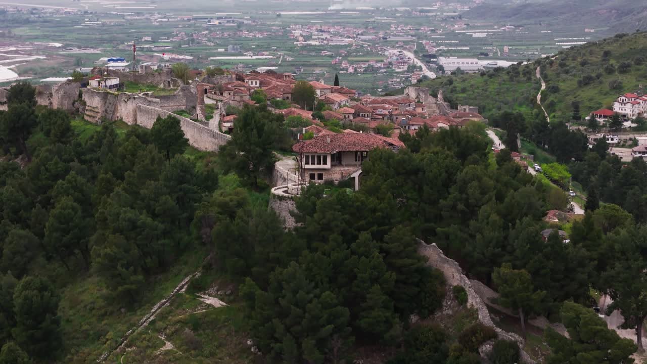 Scenic drone view of Berat, Albania's historic red rooftops