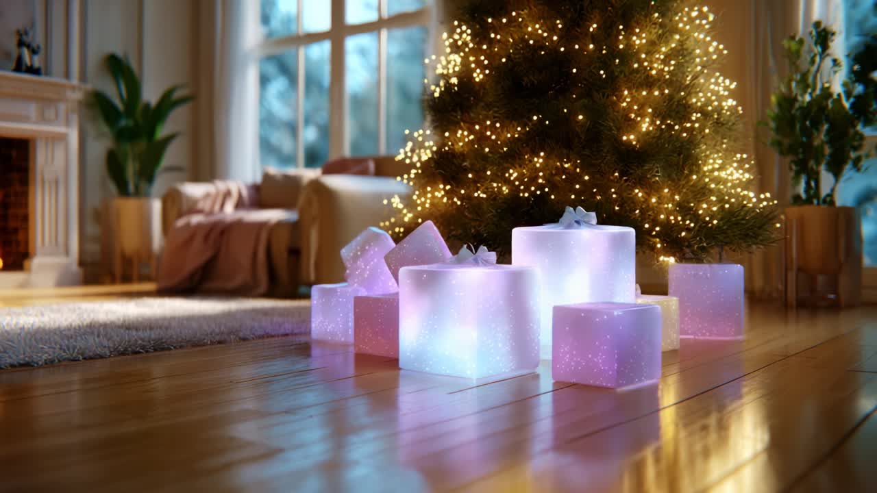 A Cozy Holiday Scene Featuring a Beautifully Decorated Christmas Tree Surrounded by Glowing Presents, Creating a Warm and Inviting Atmosphere Perfect for the Festive Season and Celebratory Gatherings