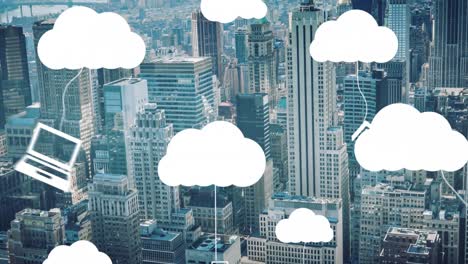 animation of icon hanging on clouds over modern cityscape in background