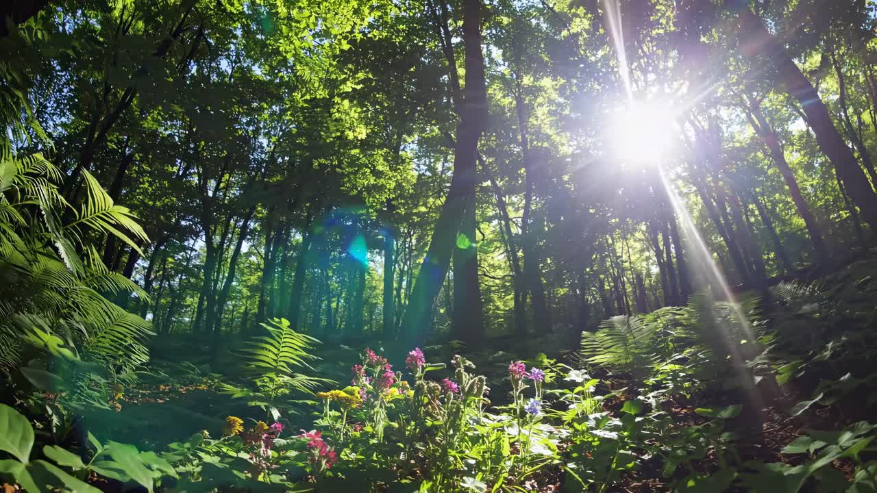 A serene forest scene with sunlight streaming through trees, captured from a low-angle
