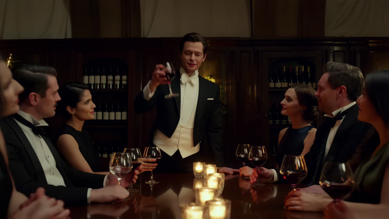 A group of elegantly dressed people making a toast with red wine at a formal dinner