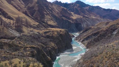 aerial over the shotover river valley near queenstown new zealand