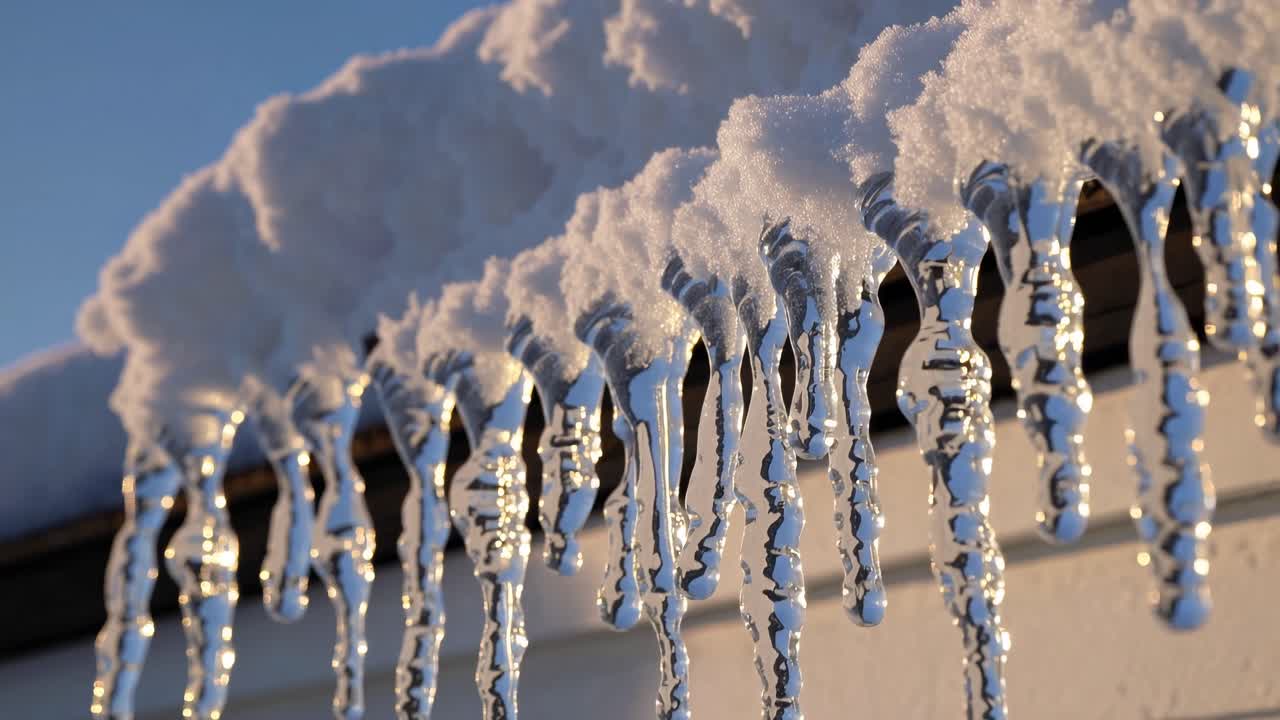 Close-up video of icicles hanging from a roof, capturing sunlight reflections