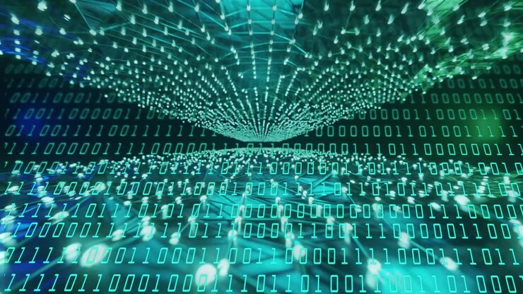On play data tunnel scrolling, binary digits shifting, point cloud converging, showing network flow