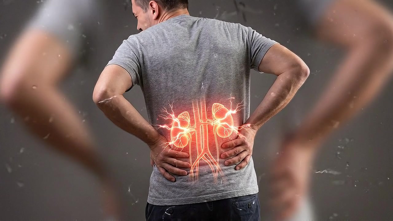 Rear view of man clutching glowing painful lower back in clinical view