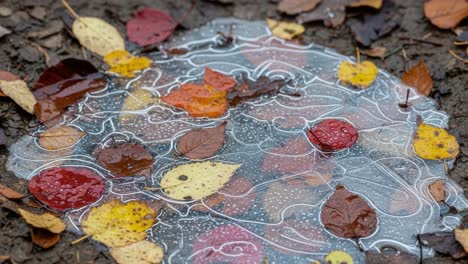 captivating frozen artwork: autumn leaves trapped in a layer of ice with bubbles and swirls, beautifully captured on a rainy day in nature