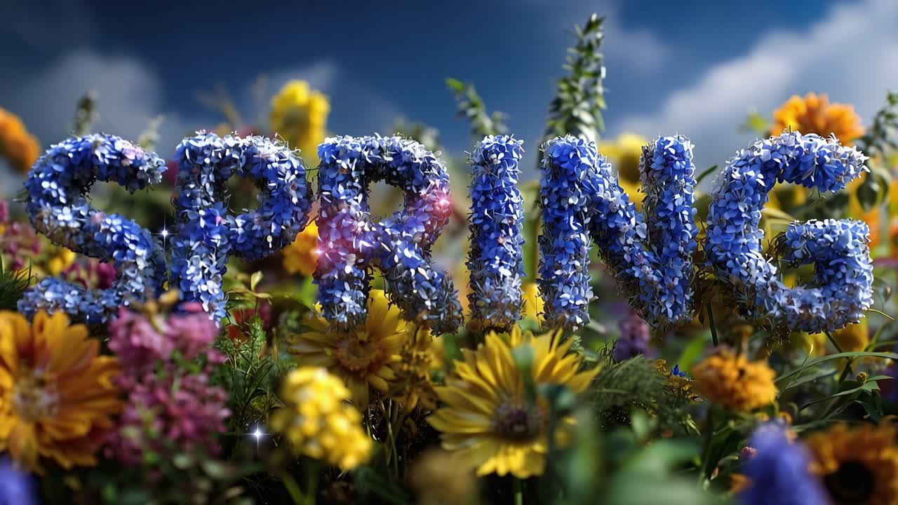Des fleurs printanières éclatantes entourent un lettrage audacieux et scintillant. Des fleurs colorées créent un arrière-plan joyeux et fleuri. Le ciel ensoleillé ajoute de la chaleur au thème saisonnier.
