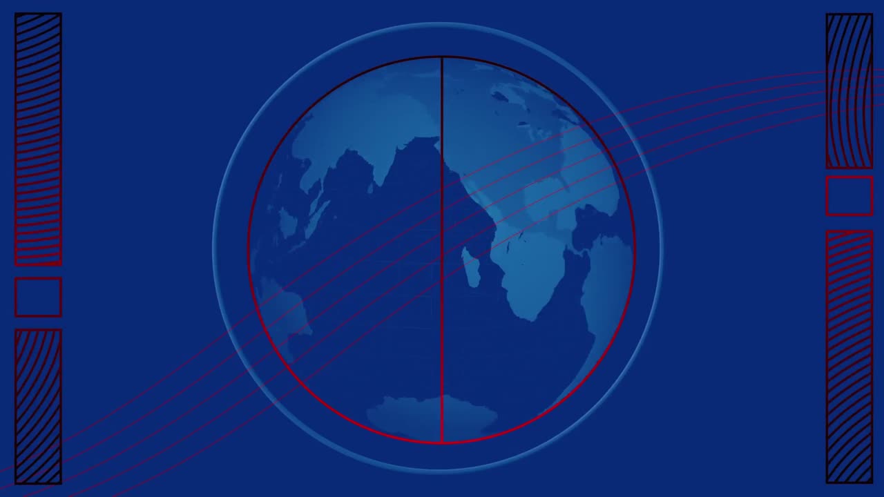 Animation of red lines moving over blue globe and blue squared background