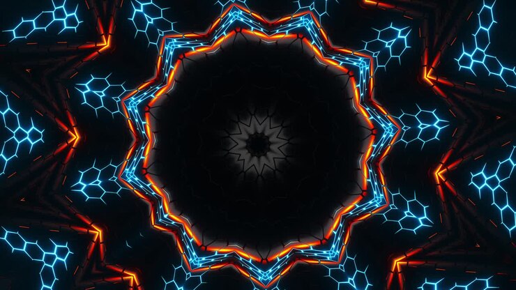 Circular object with many lights. Kaleidoscope VJ loop