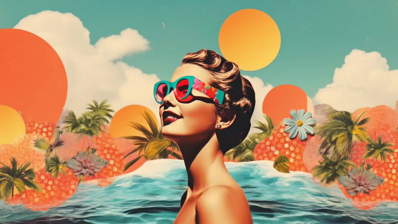 Surrealistický retro video koncept s pohledem na ženu v barevných slunečních brýlích z nízkého úhlu.