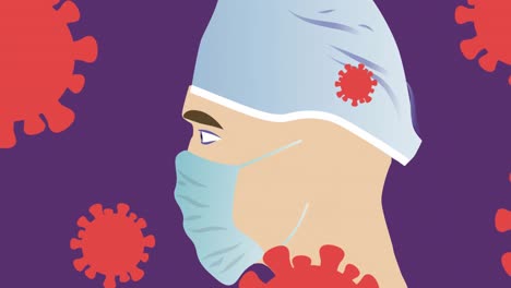 animation of man with face mask and virus cells on purple background