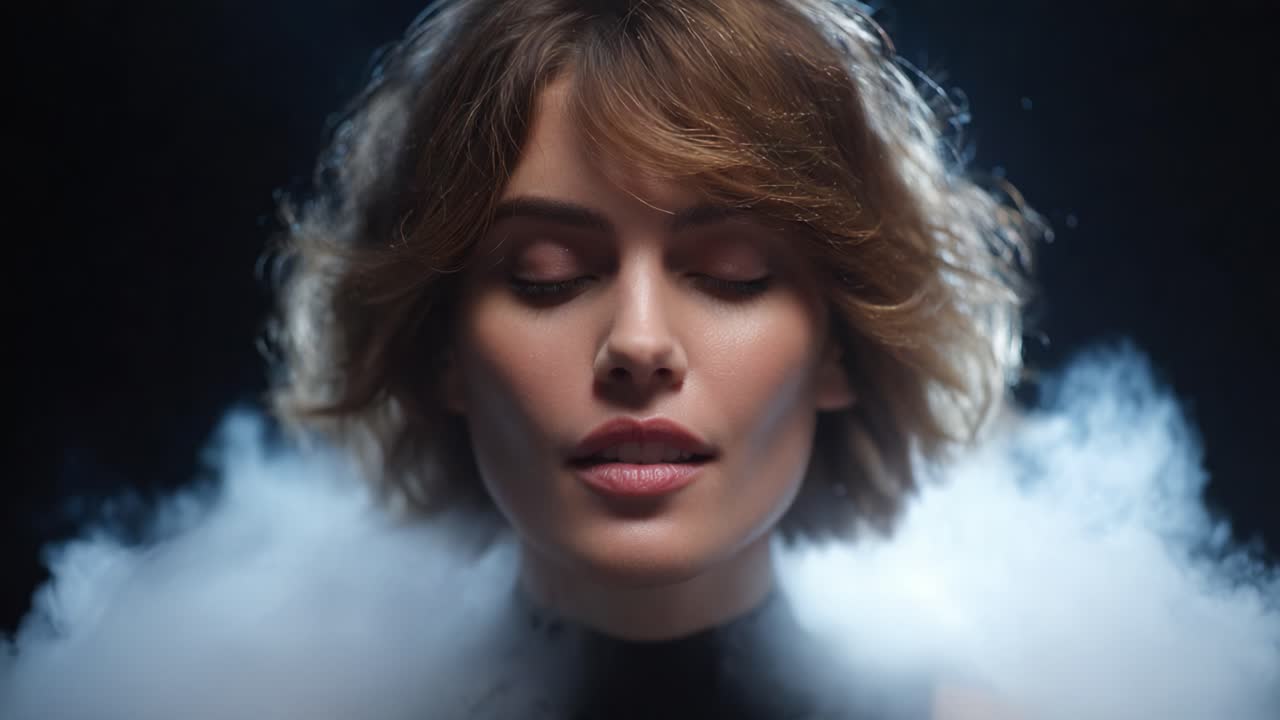 A Serene Portrait of a Young Woman Enveloped in Ethereal Smoke, Capturing a Moment of Tranquility and Reflection Against a Dark Background