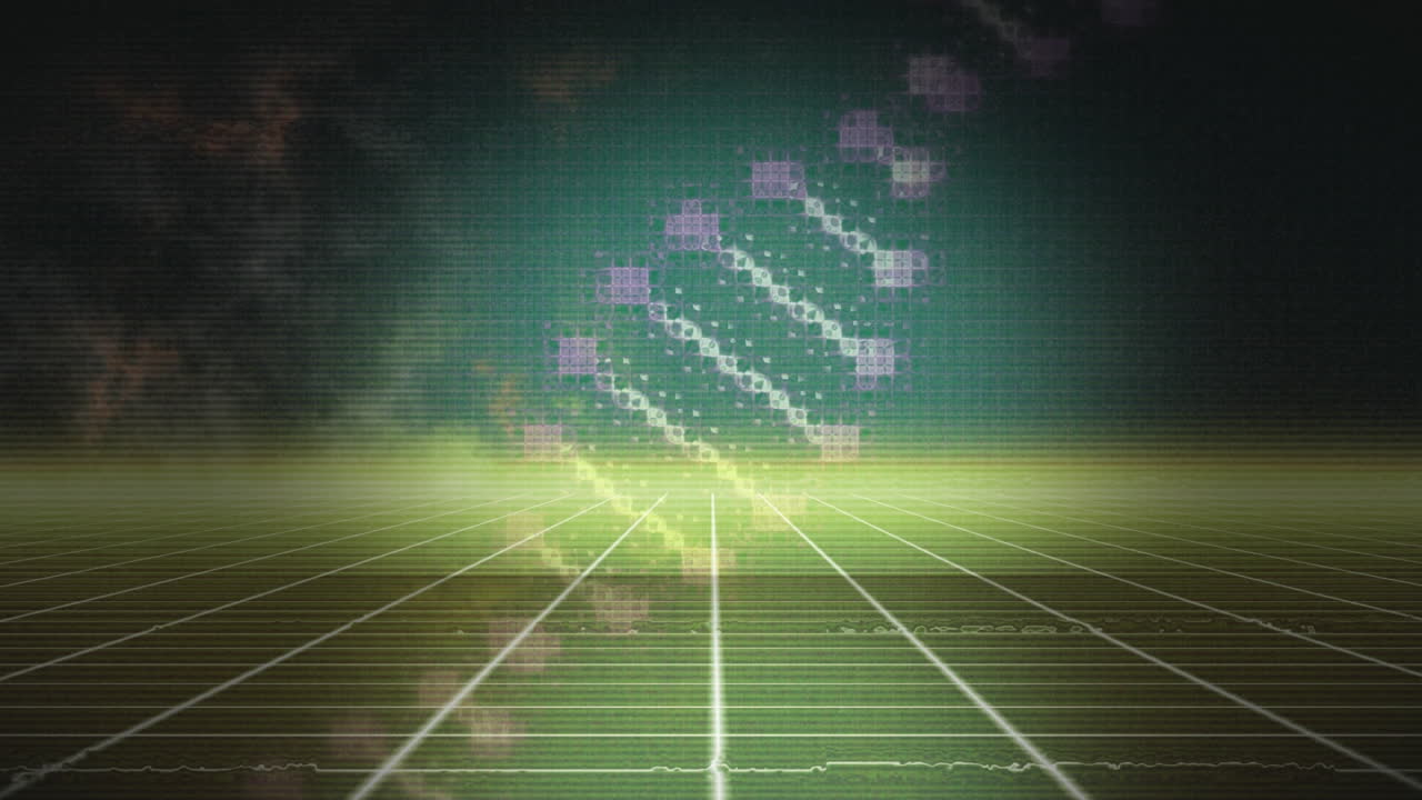 노란색 메타버스 공간에서 회전하는 dna 사슬의 애니메이션