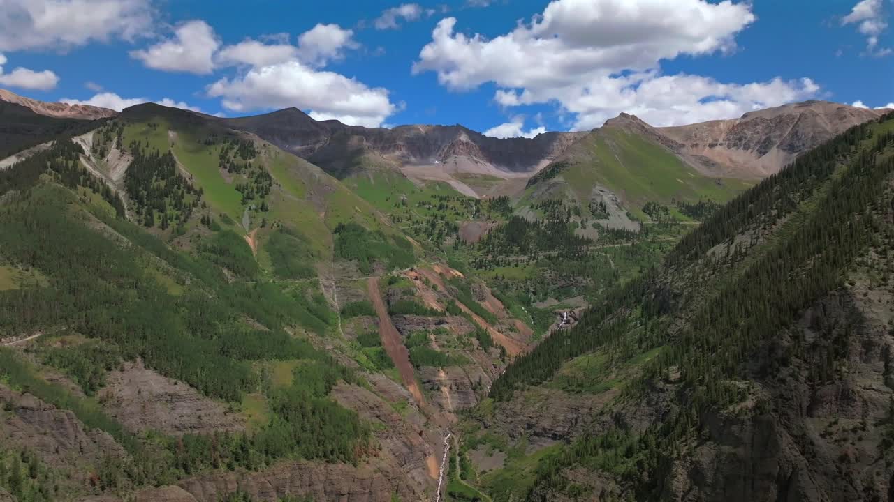 Yankee Boy Basin Colorado Black Bear Pass Road dirt road 4wd hiking blue sky cliffside valley aerial drone Ouray Ridgway Telluride summer Box Canyon Bridal Veil Falls Aspen Forest circle left
