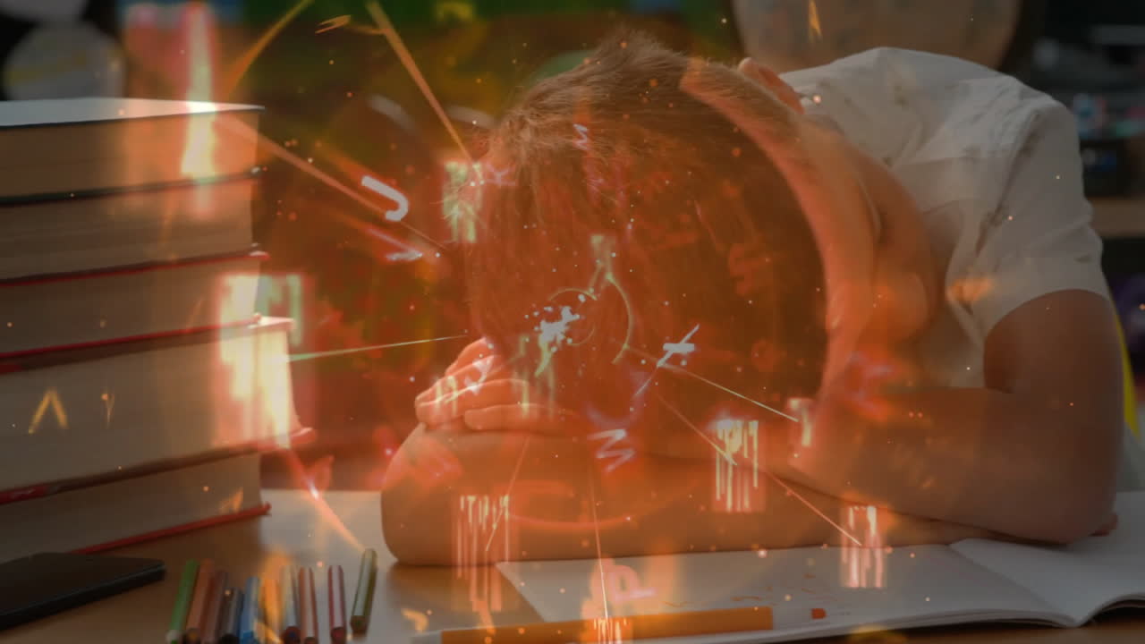 анимация часов и времени над учеником, спящим на столе в классе