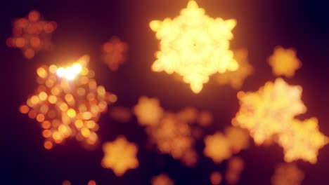 3d fondo de navidad dorado con bokeh y profundidad de campo de juguetes brillantes copos de nieve colgando en el aire hermosamente brillantes lentamente balanceándose y brillando en la luz. hermoso 3d para el año nuevo en 4k