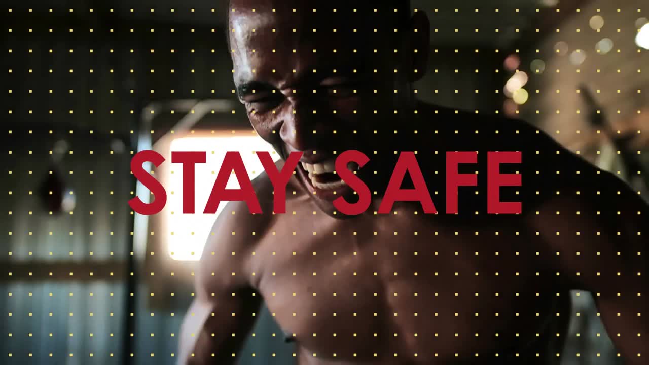 아프리카계 미국인 남성 이 근육 을 운동 하고  ⁇ 는 것 을 보여 주는 사회적 거리 두기 메시지 의 애니메이션