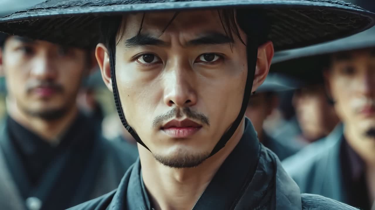 한 무리의 남자 앞에 서 있는 검은 모자를 입은 남자