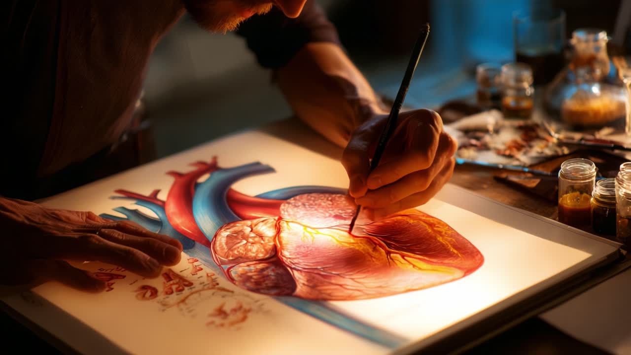 A Passionate Artist Captures the Intricate Beauty of the Human Heart in Vibrant Detail, Blending Art and Science with Precise Brushwork and Vivid Colors in His Studio