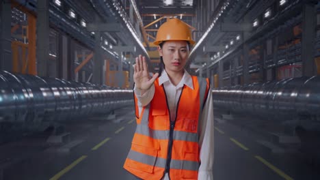 asian female engineer with safety helmet disapproving with no hand sign while standing with metal pipes
