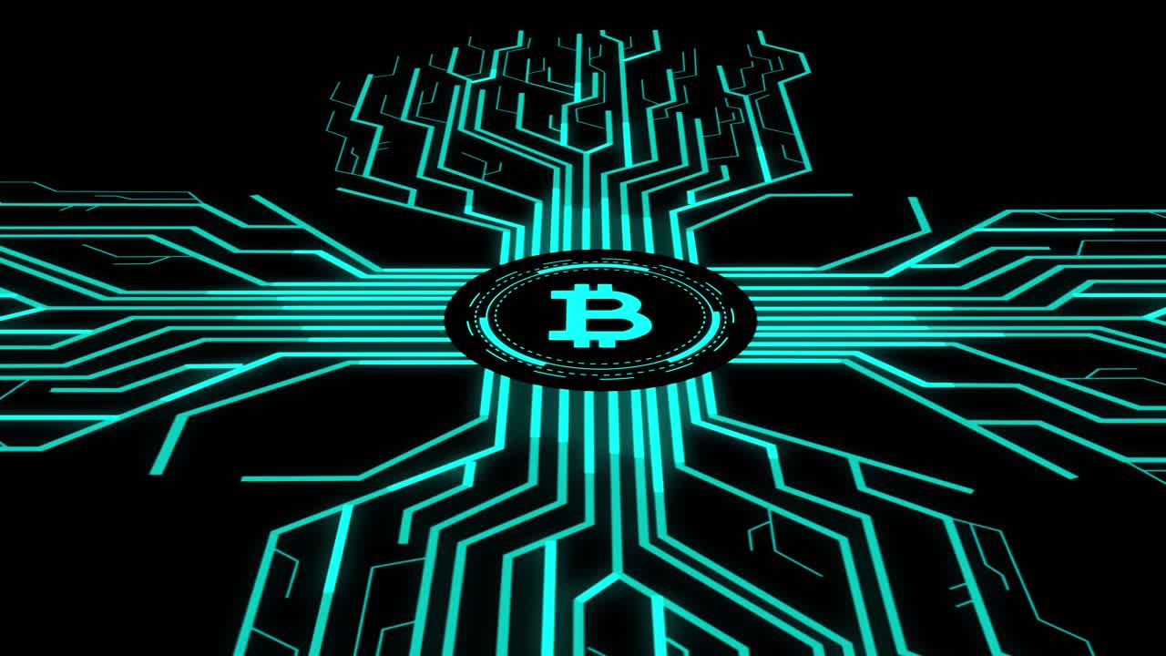 Bitcoin Digital Currency With Futuristic Artificial Intelligence Spreading Through Internet. Visualization Of Machine Learning, Computer Technology, Neural Network