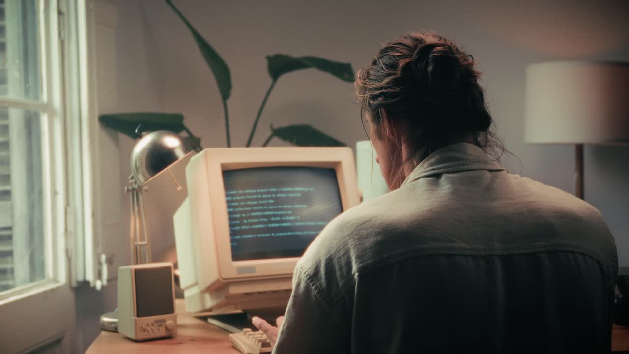 Man working and gaming on retro computer PC, IT engineer with vintage computer at home, using old fashion technology, close up of retro setup.