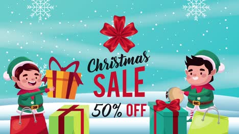 happy merry christmas sale card with elfs and gifts
