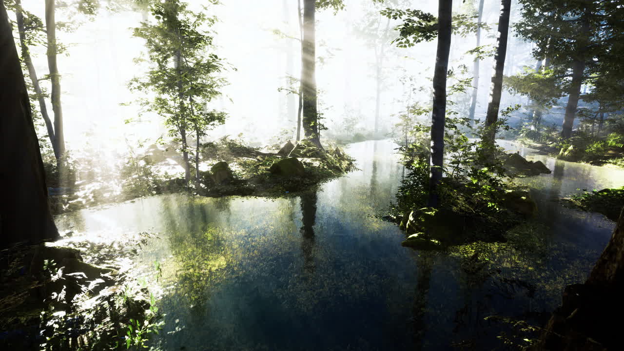 Sunlight filters through trees illuminating a serene forest lake