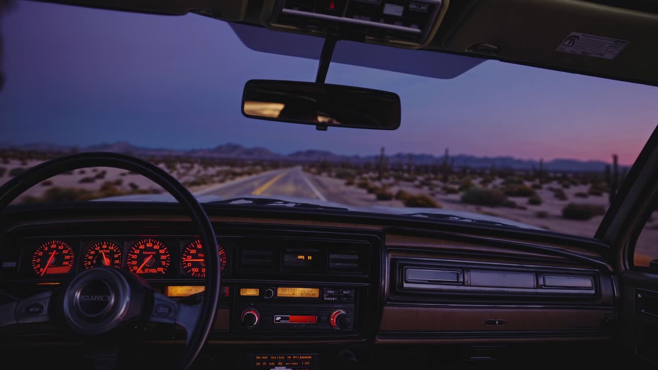 Video concept of a vintage car dashboard at sunset, viewed from the driver's seat