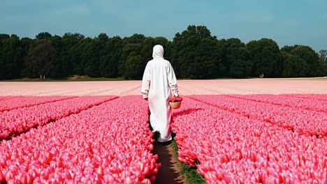woman walking through a pink tulip field