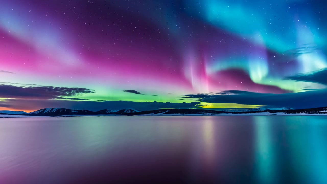 Un'aurora vivida si estende attraverso il cielo stellato sopra montagne scure coperte di neve e acqua immobile, con un bagliore luminoso magenta, ciano, verde, blu e viola riflesso sulla superficie in una serena e fredda natura selvaggia.