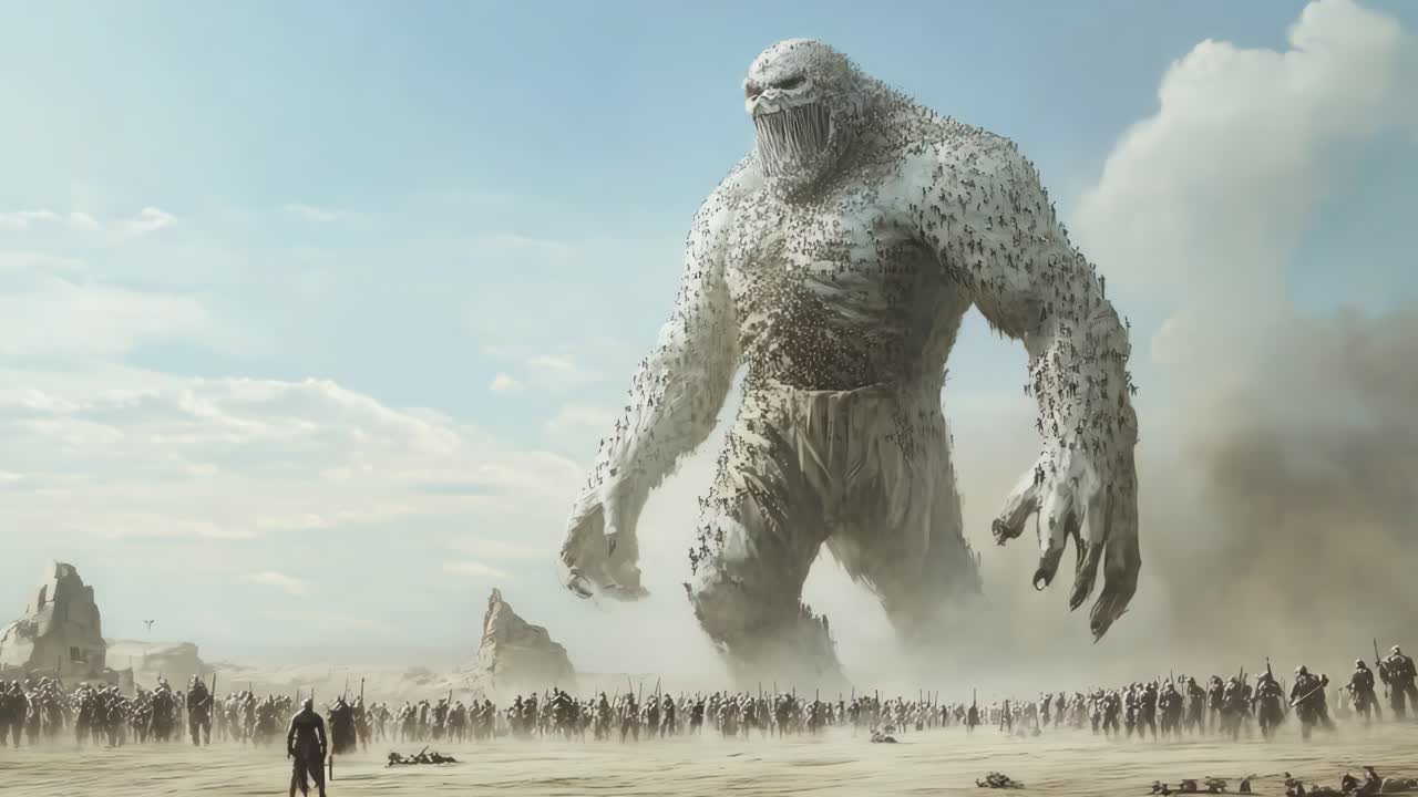 Giant Monster vs. Army in a Desert Landscape