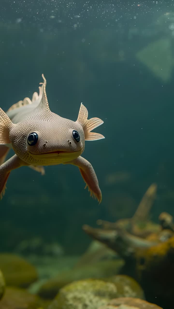 Video verticale: un axolotl che nuota e si gira mentre si avvicina alla camera in una vasca con piante, mostrando le branchie