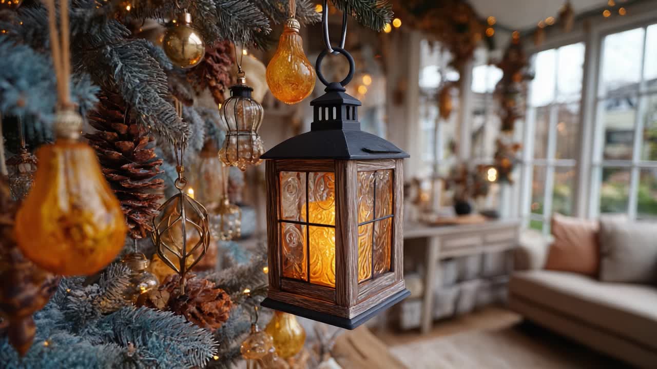 A Warm and Inviting Lantern Illuminates a Cozy Holiday Scene Surrounded by Beautiful Decorations, Pine Cones, and Warm Lighting in a Cheerful Atmosphere